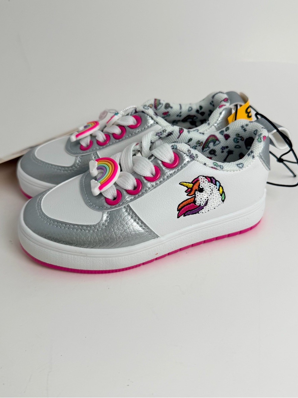 Girls' Unicorn Patch Lace-Up Sneakers in White, Silver & Pink